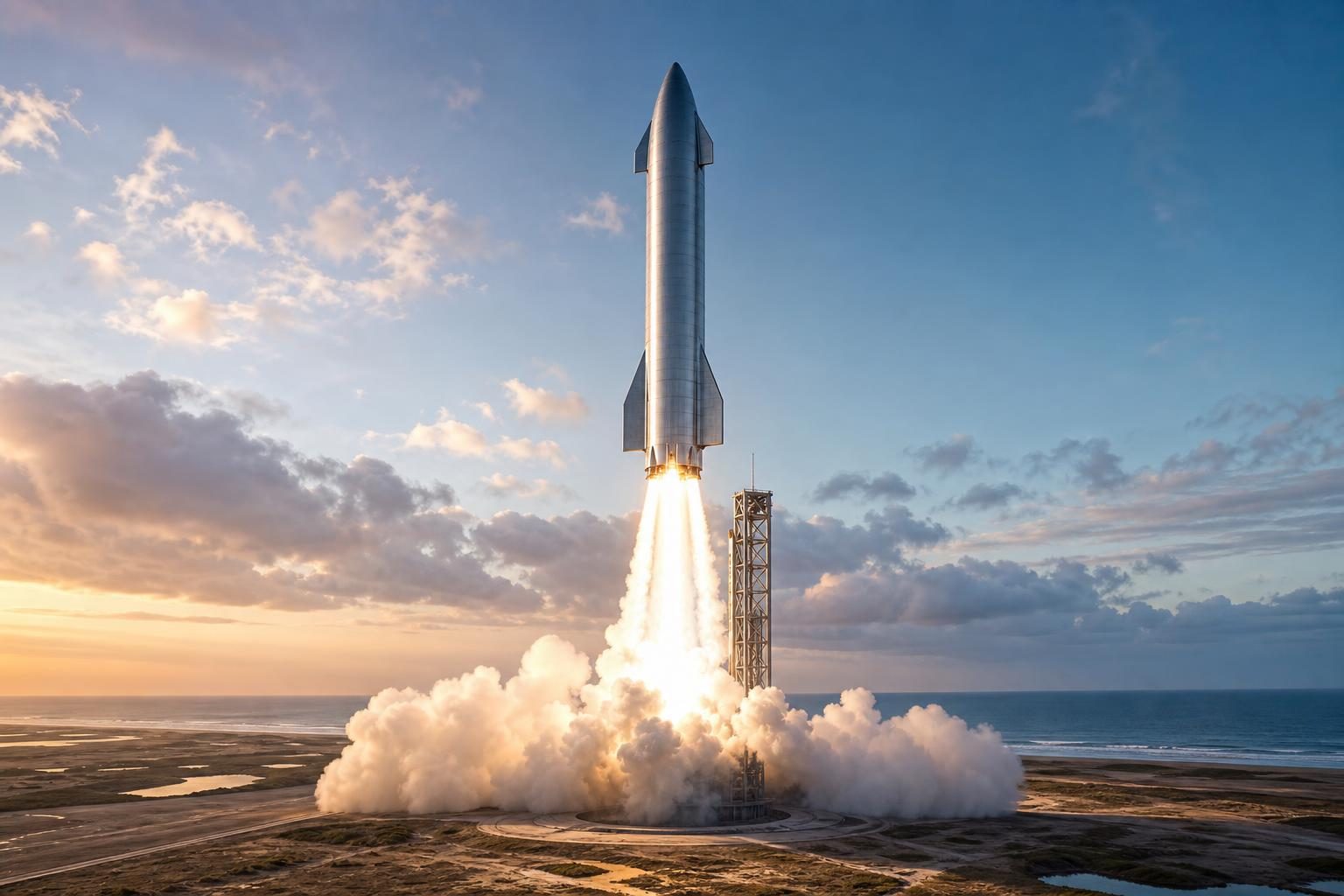 A large rocket launches from a seaside pad with clouds of steam below it.