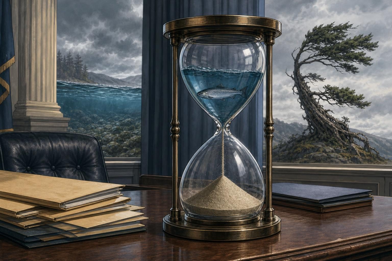 An hourglass on a desk separates a salmon and a small pine tree, symbolizing delayed protection for at-risk species.