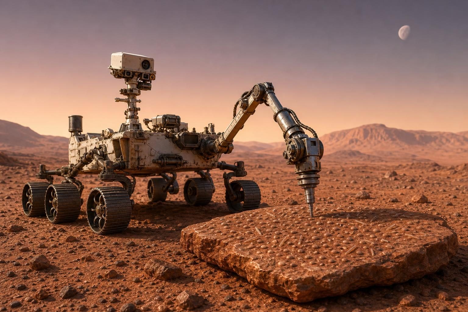 Un rover marciano ilustrado se prepara para examinar una roca rojiza y rugosa bajo un cielo pálido de Marte.
