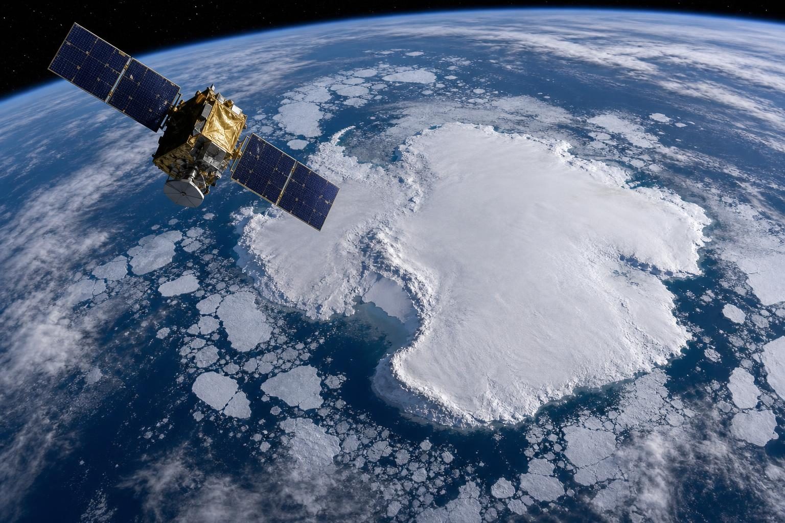 Un satélite observa desde arriba el hielo marino alrededor de la Antártida.