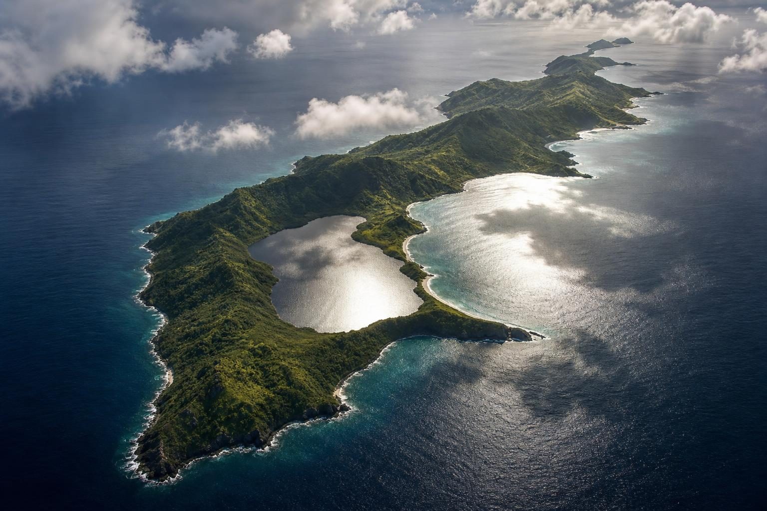 A green island and its lake shine silver as sunlight reflects off calm ocean water around it.