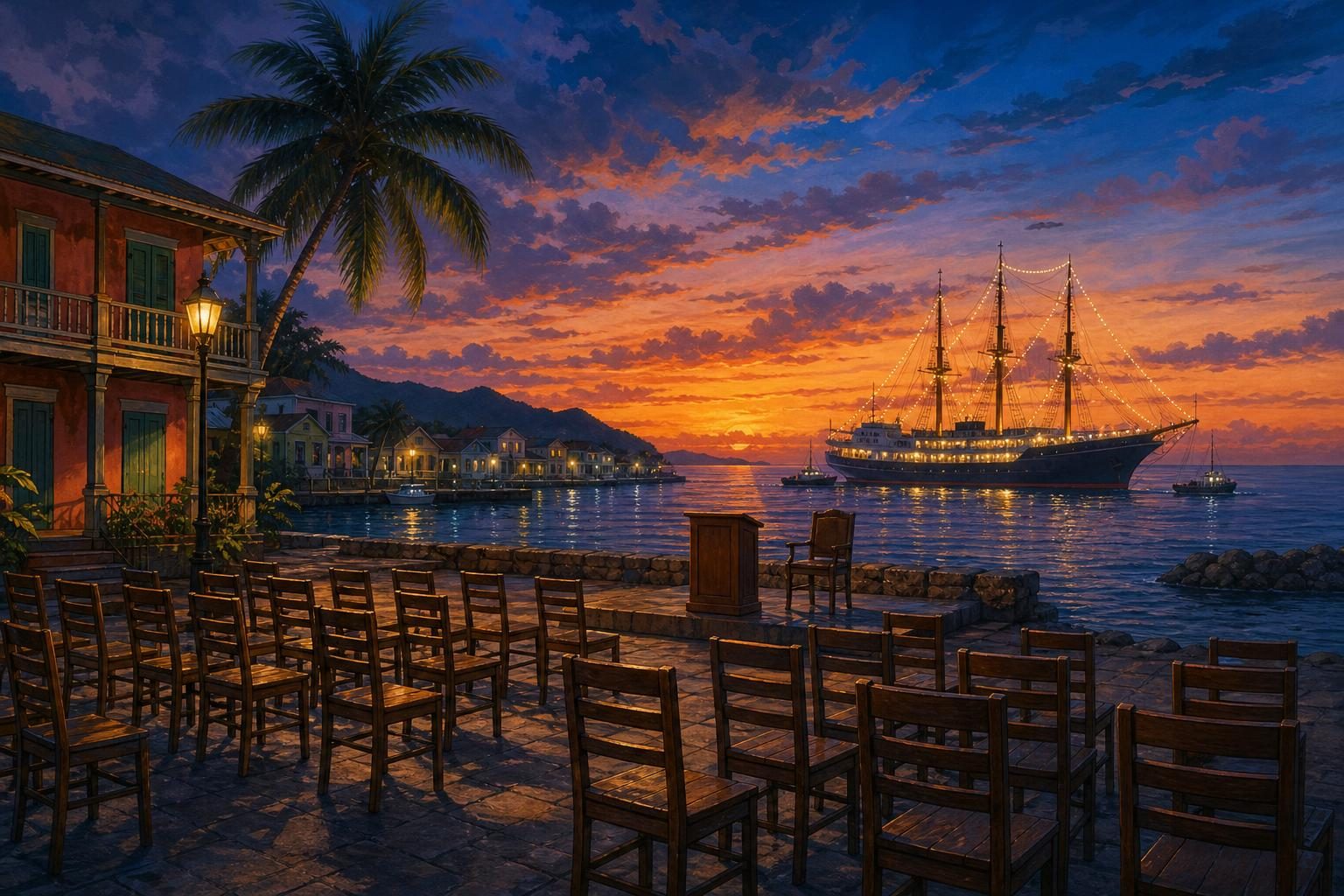 Una tranquila costa caribeña muestra sillas vacías para reuniones frente a un puerto con un barco formal a lo lejos.