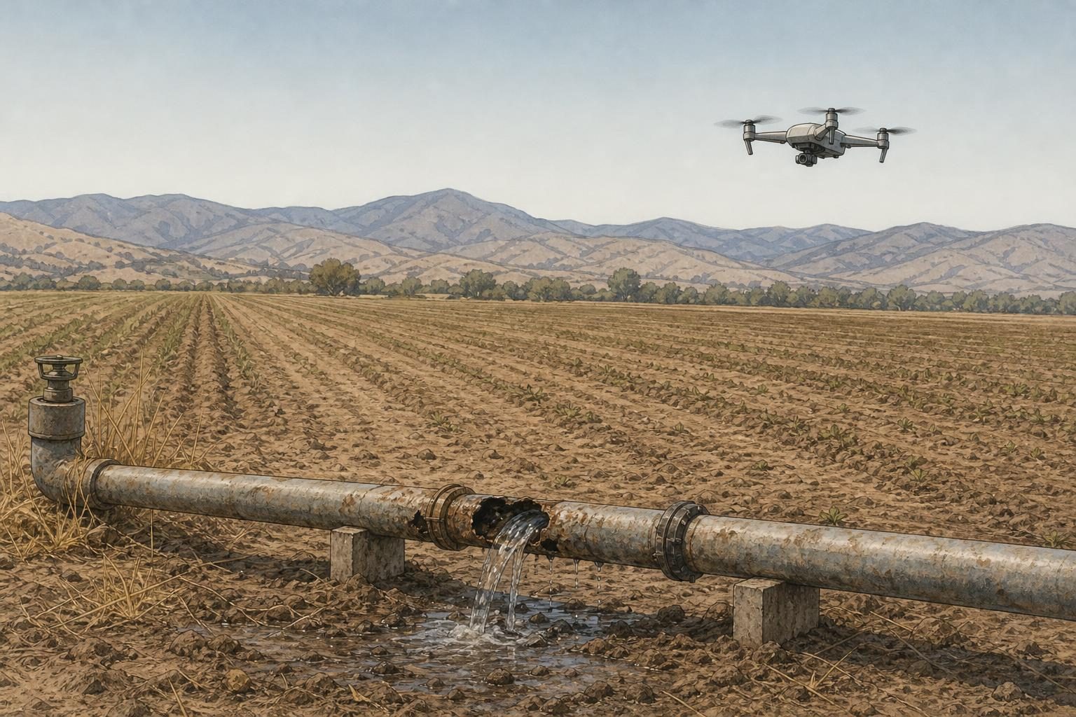 Un campo de cultivo vacío con equipo de riego roto y un dron sobrevolando sugiere la recolección de datos agrícolas después de una alteración.