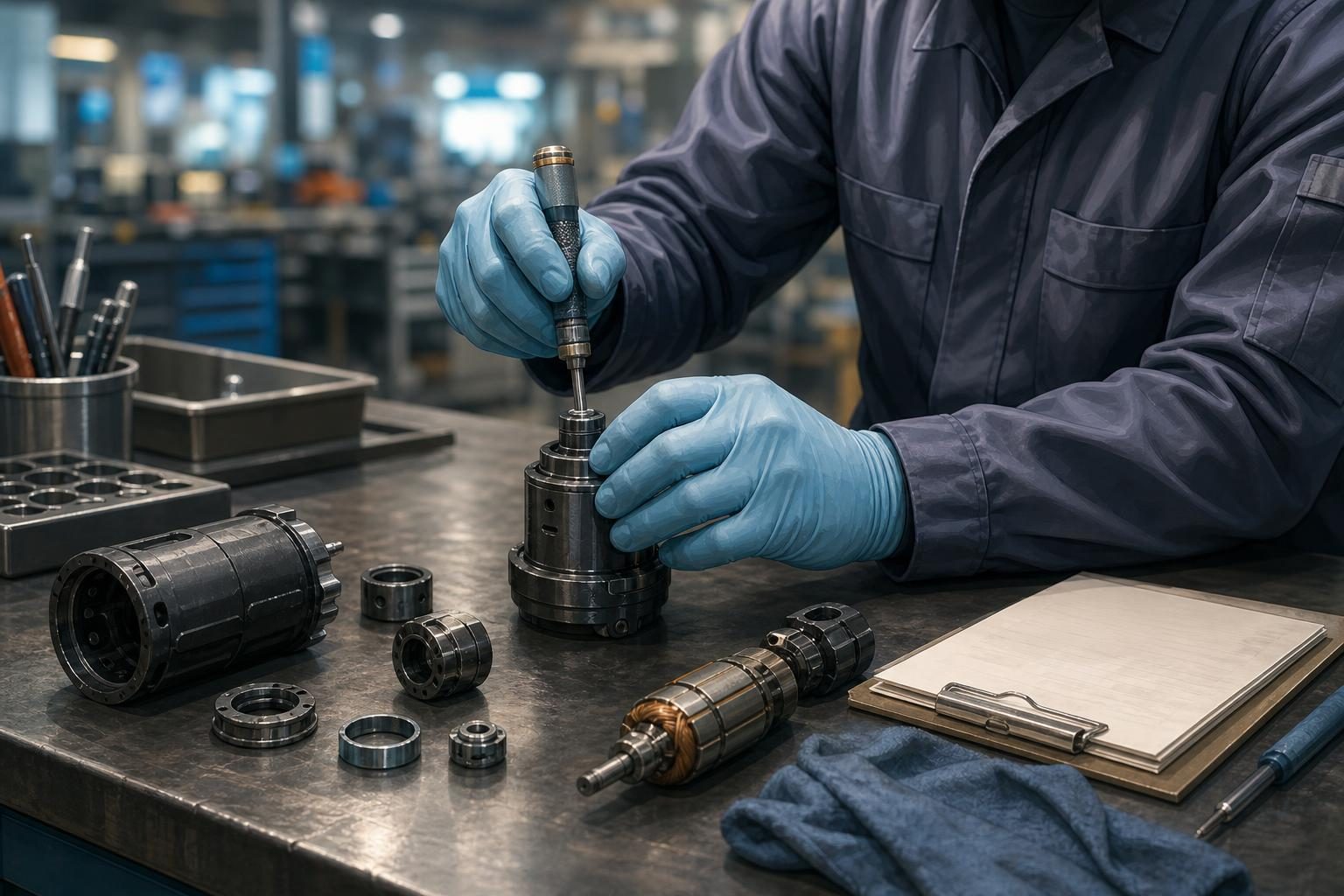 A gloved technician works carefully at a bench with tools and parts nearby, suggesting skilled performance under pressure.