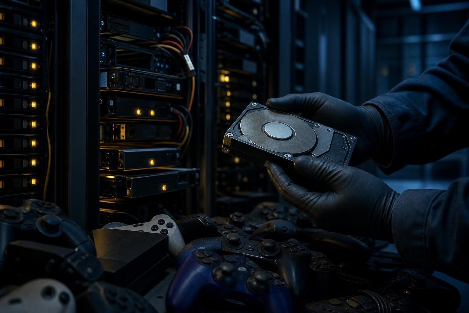 A faceless technician handles an old hard drive in a server room filled with glowing storage equipment.