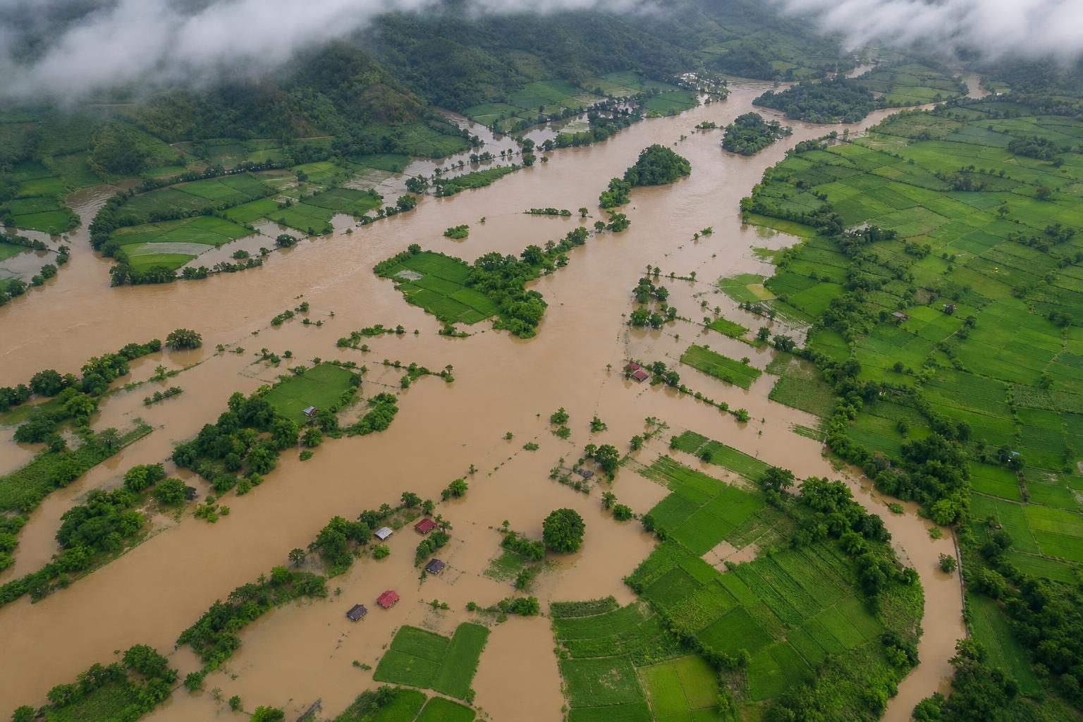Un río crecido visto desde arriba se extiende hacia campos de cultivo y alrededor de pequeños edificios después de una lluvia fuerte.