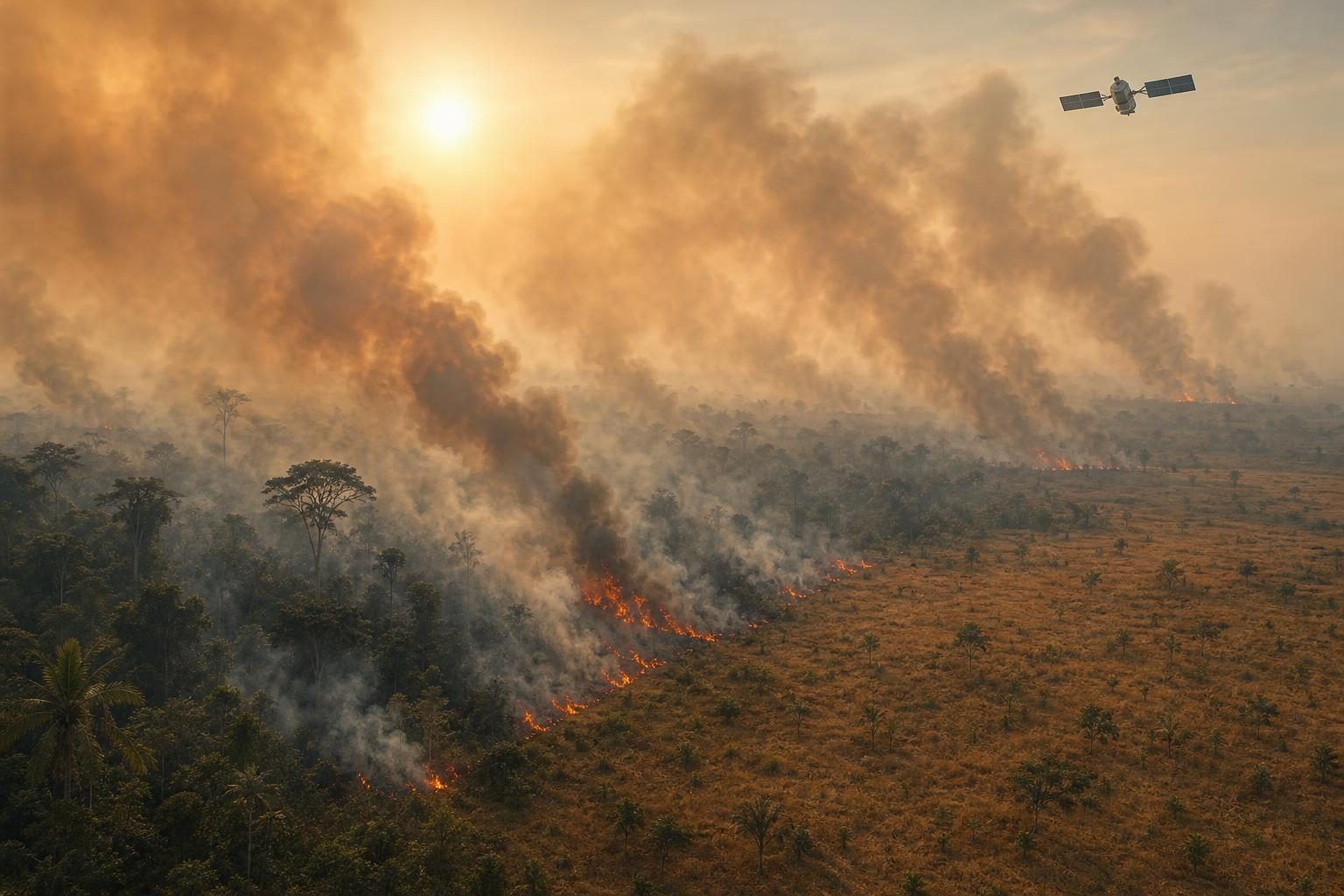 El humo se eleva de un paisaje seco de bosque y pastizal mientras un satélite pasa por encima.