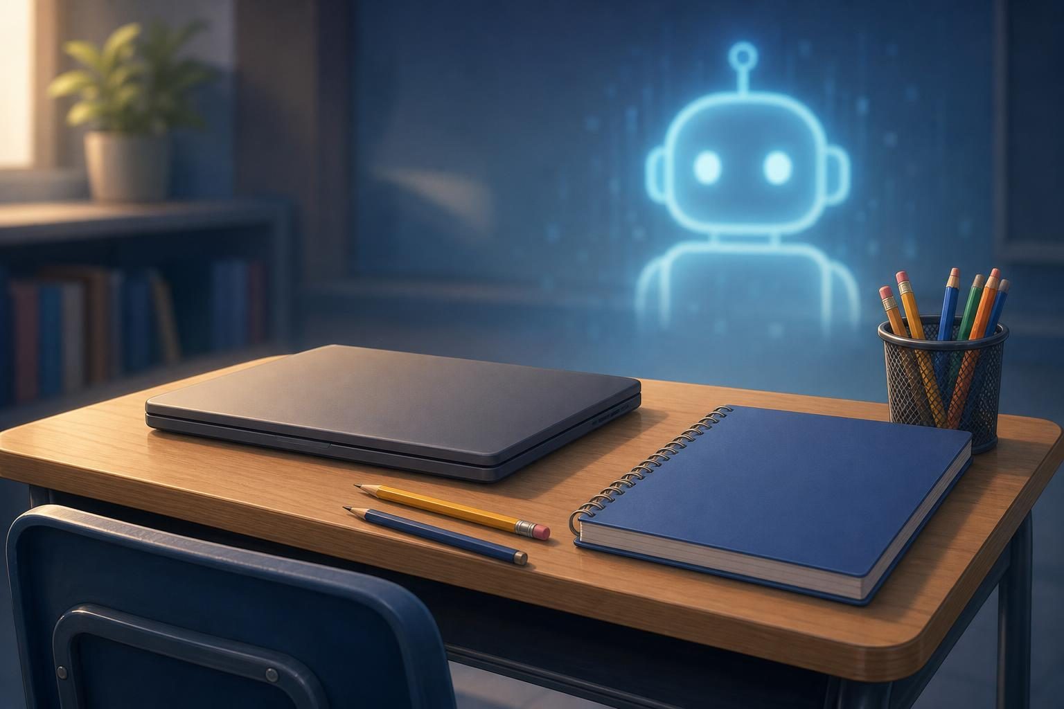 A closed laptop and school supplies sit on a classroom desk as a faint AI symbol fades behind them.