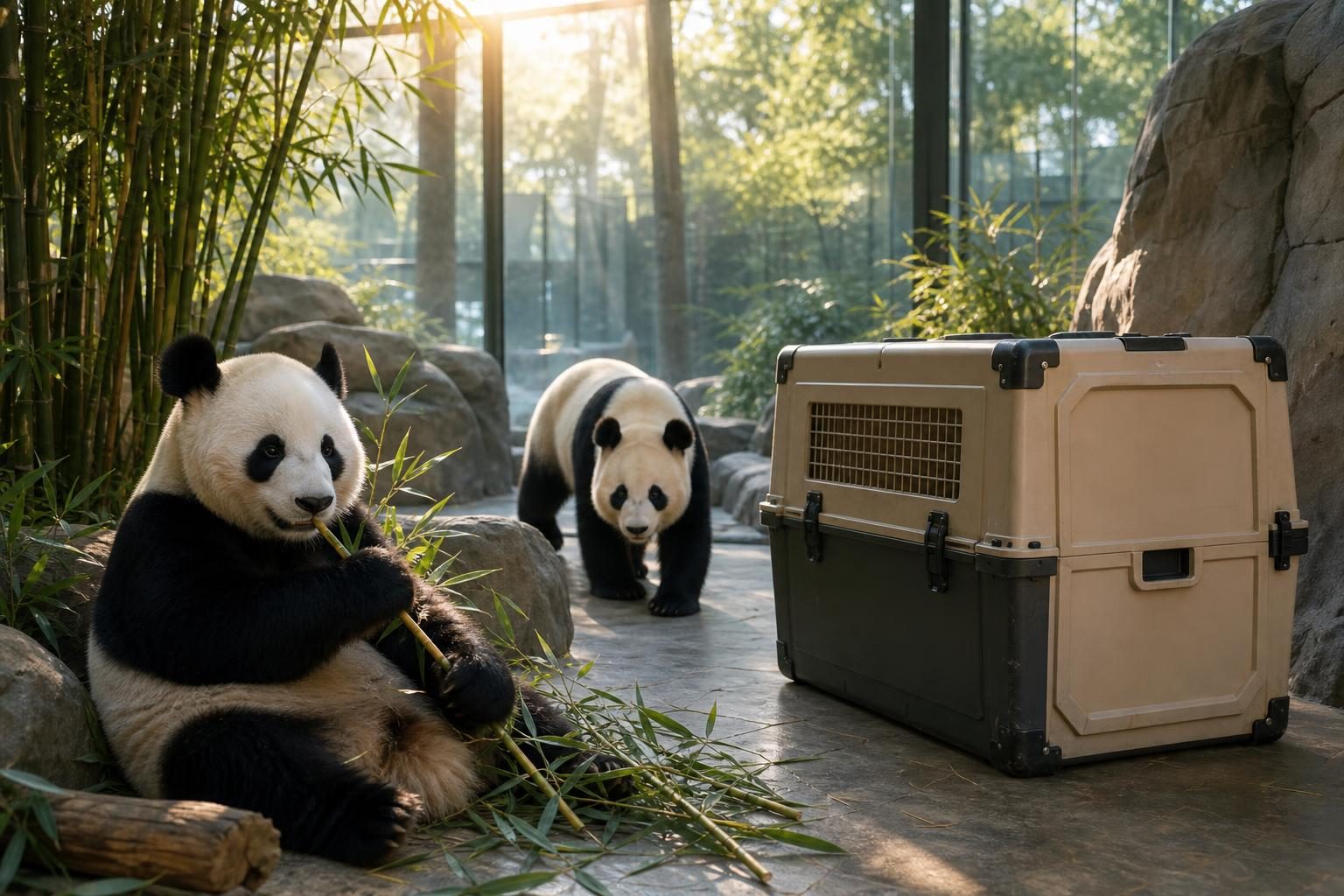Dos pandas gigantes están sentados entre bambú cerca de una caja de transporte cerrada en un tranquilo recinto de zoológico.