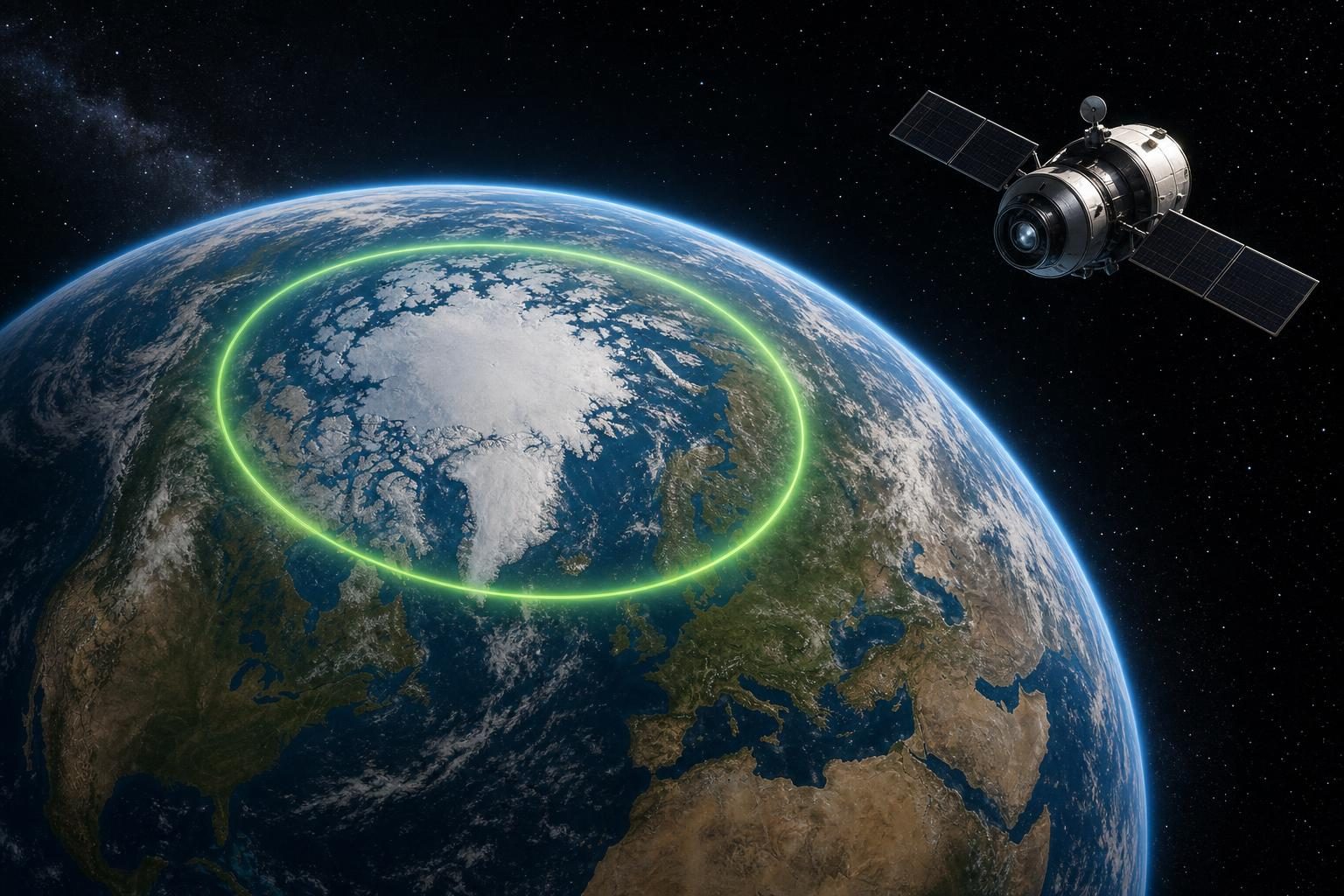 Una nave espacial observa la Tierra mientras una aurora brillante forma un óvalo resplandeciente alrededor de uno de los polos.