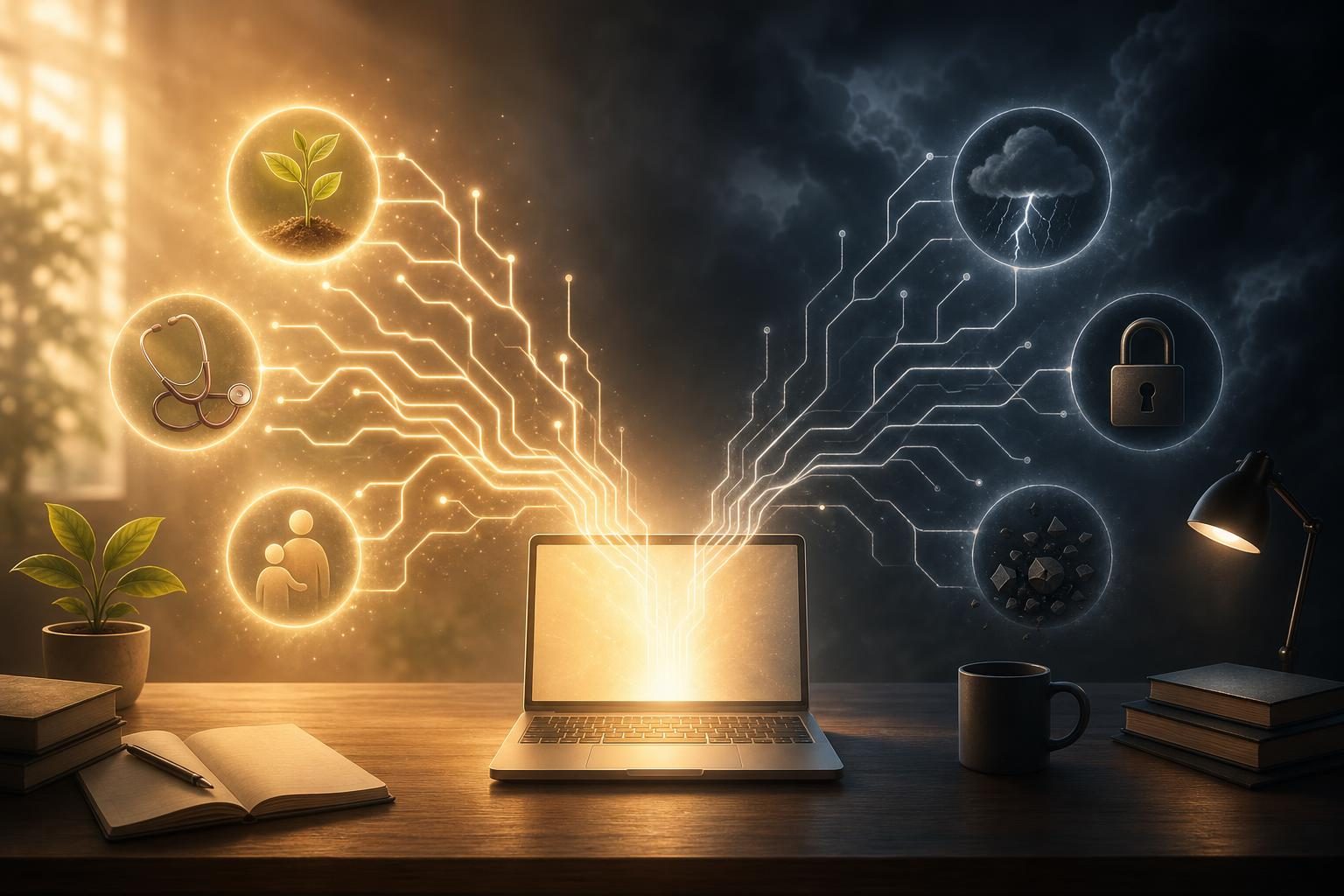 Una ilustración simbólica muestra la IA como una computadora portátil brillante conectada a herramientas útiles y señales de advertencia.