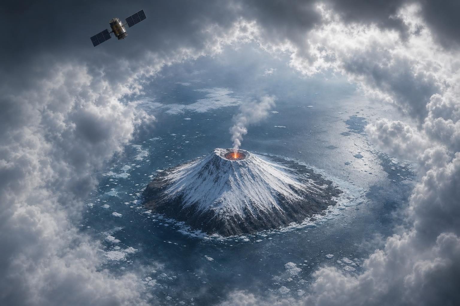 Un satélite observa desde arriba una isla volcánica nevada con un lago de lava brillante en su cima.