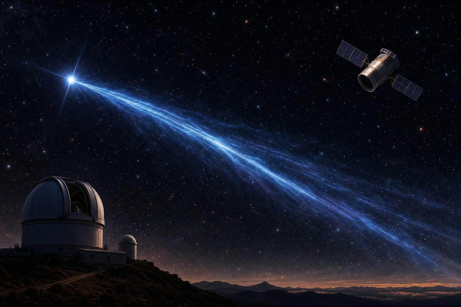 Ilustración de un púlsar que envía un largo rastro brillante por el espacio mientras observatorios detectan sus señales.