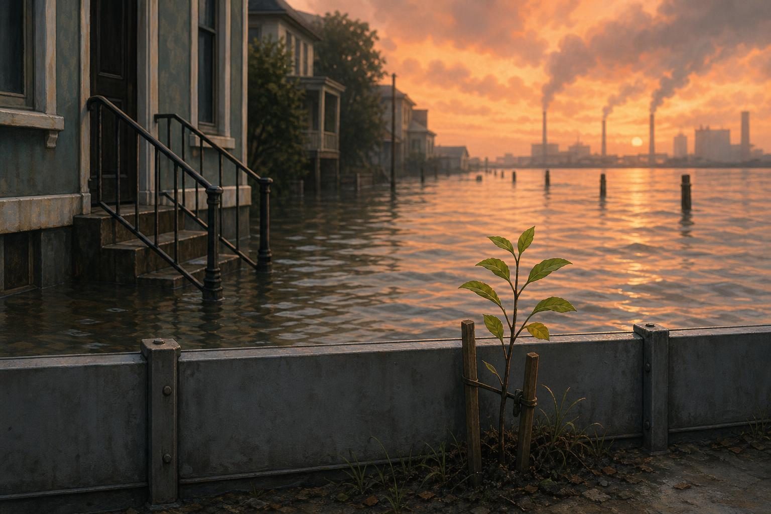 Un vecindario costero enfrenta agua en aumento bajo un cielo caliente, mientras un árbol joven se alza detrás de una barrera contra inundaciones.