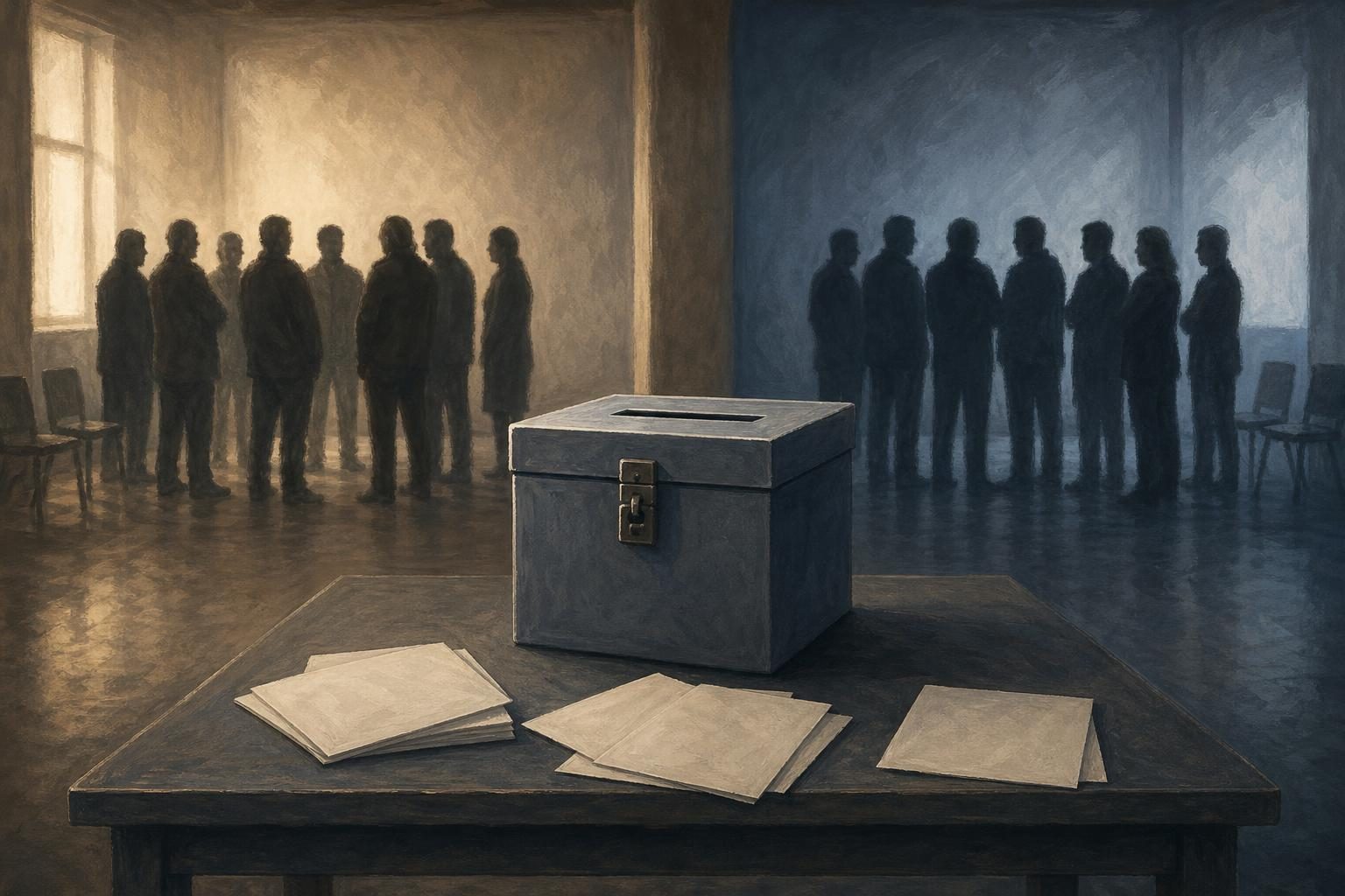 Una ilustración muestra una urna electoral en un centro de votación vacío, con grupos de personas divididos al fondo.