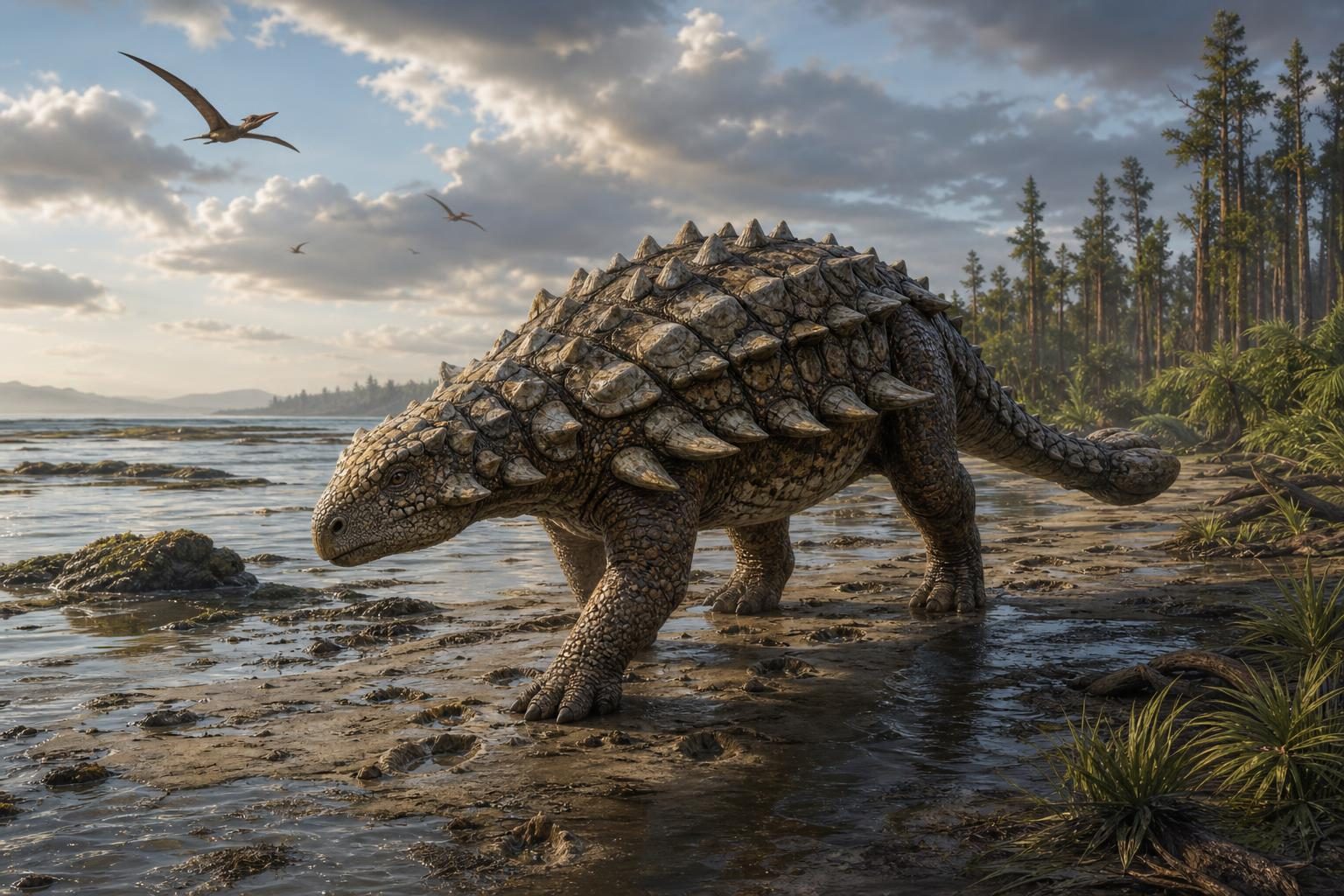 Un dinosaurio blindado camina junto a una costa antigua, con bosque y agua poco profunda cerca.