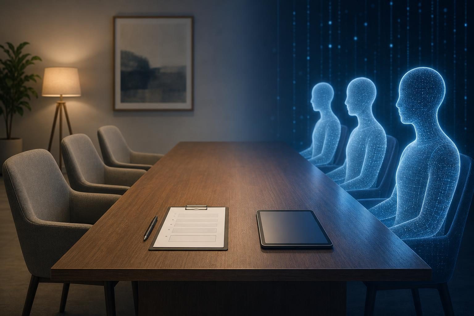 An illustrated polling table shows empty chairs facing generic glowing digital silhouettes with a survey form between them.