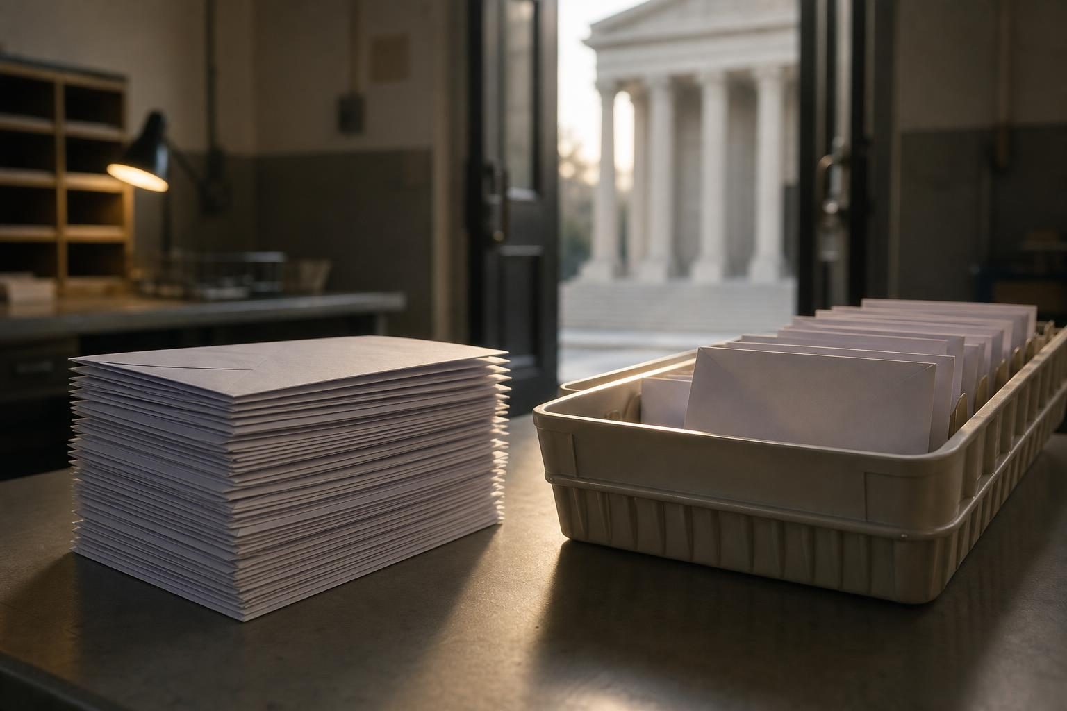 Sobres parecidos a boletas están junto a una bandeja de clasificación postal, con la entrada de un tribunal al fondo.
