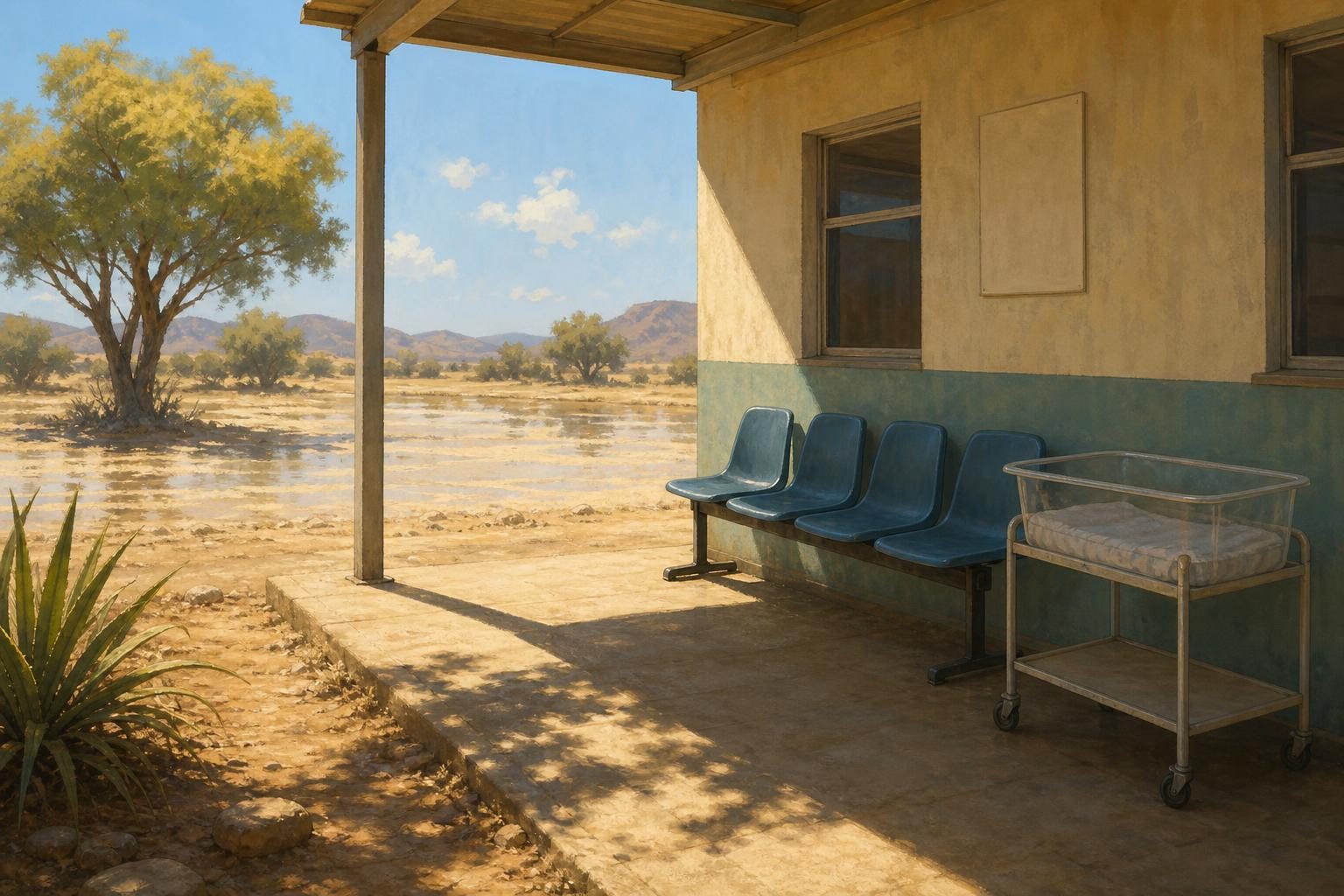 An empty clinic entrance and shaded bassinet appear under intense sun and heat haze.