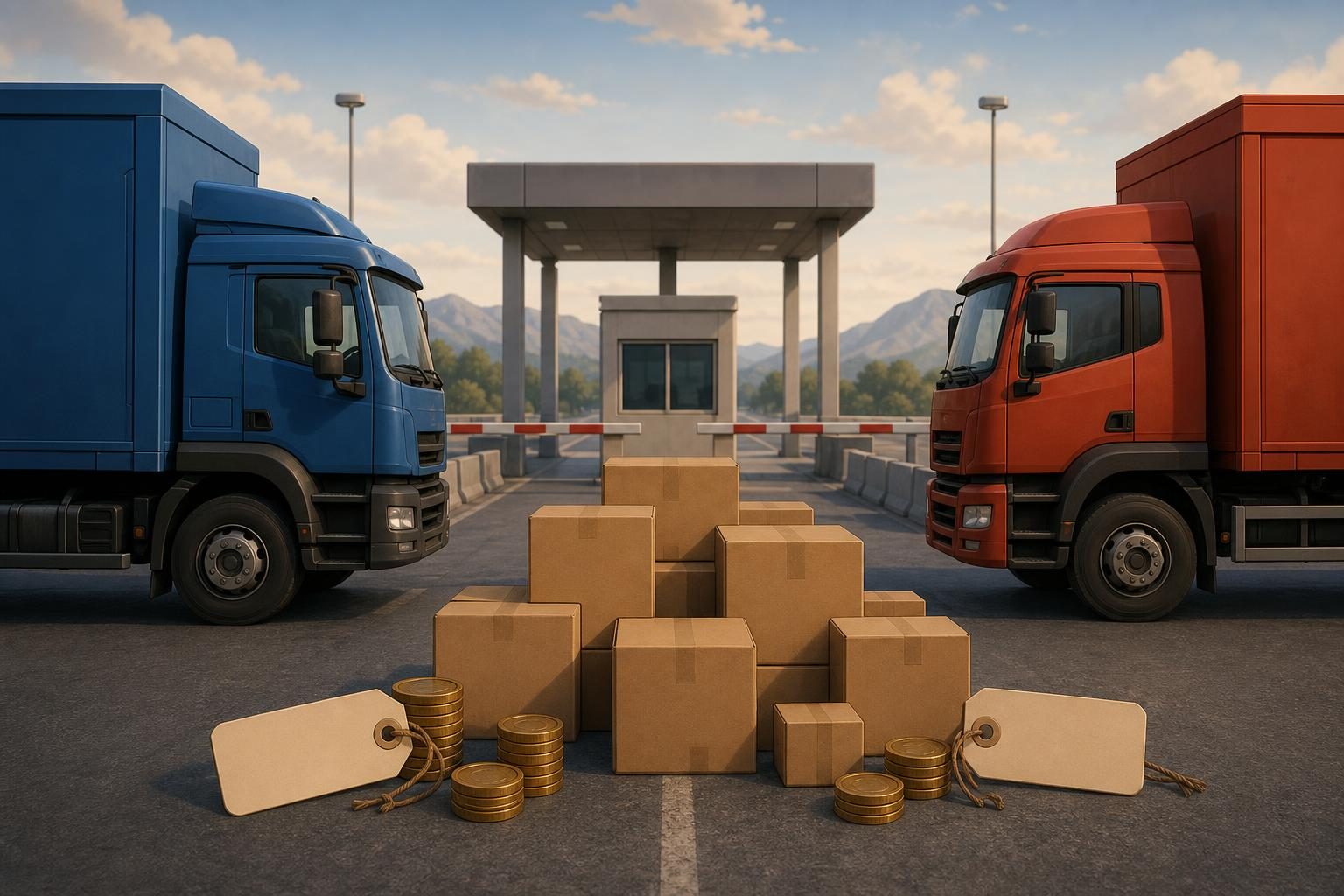 Dos camiones y pilas de cajas de envío están en un cruce fronterizo para representar una disputa comercial.