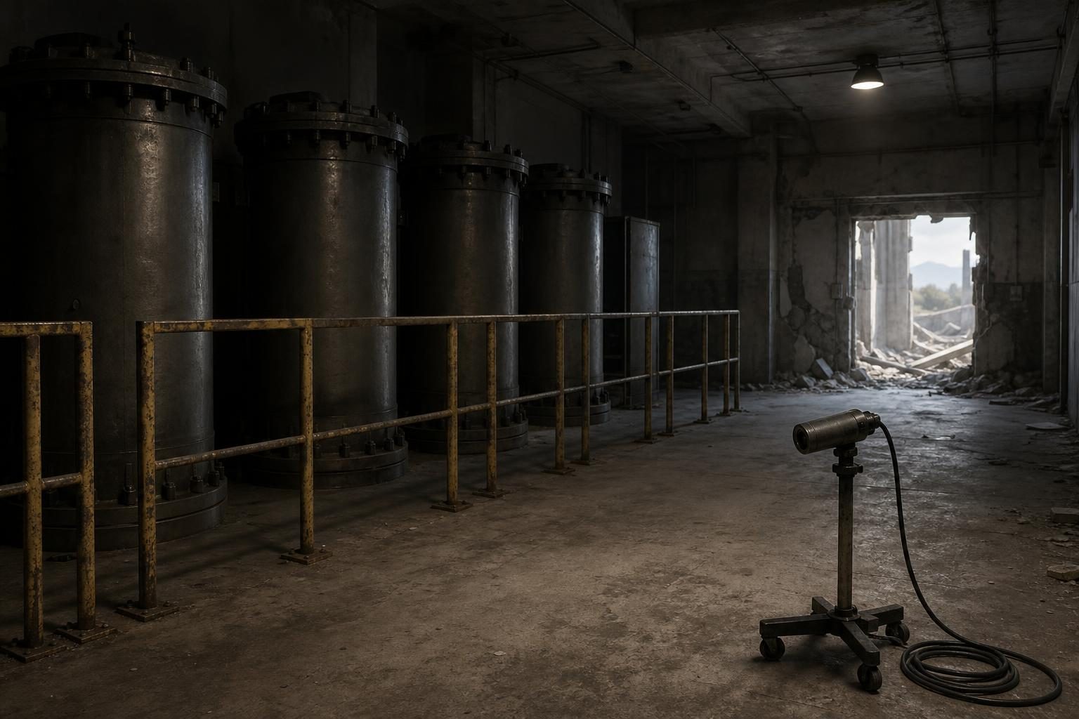 An empty nuclear-related industrial room suggests the uncertainty between damaged facilities, hidden materials and missing inspections.