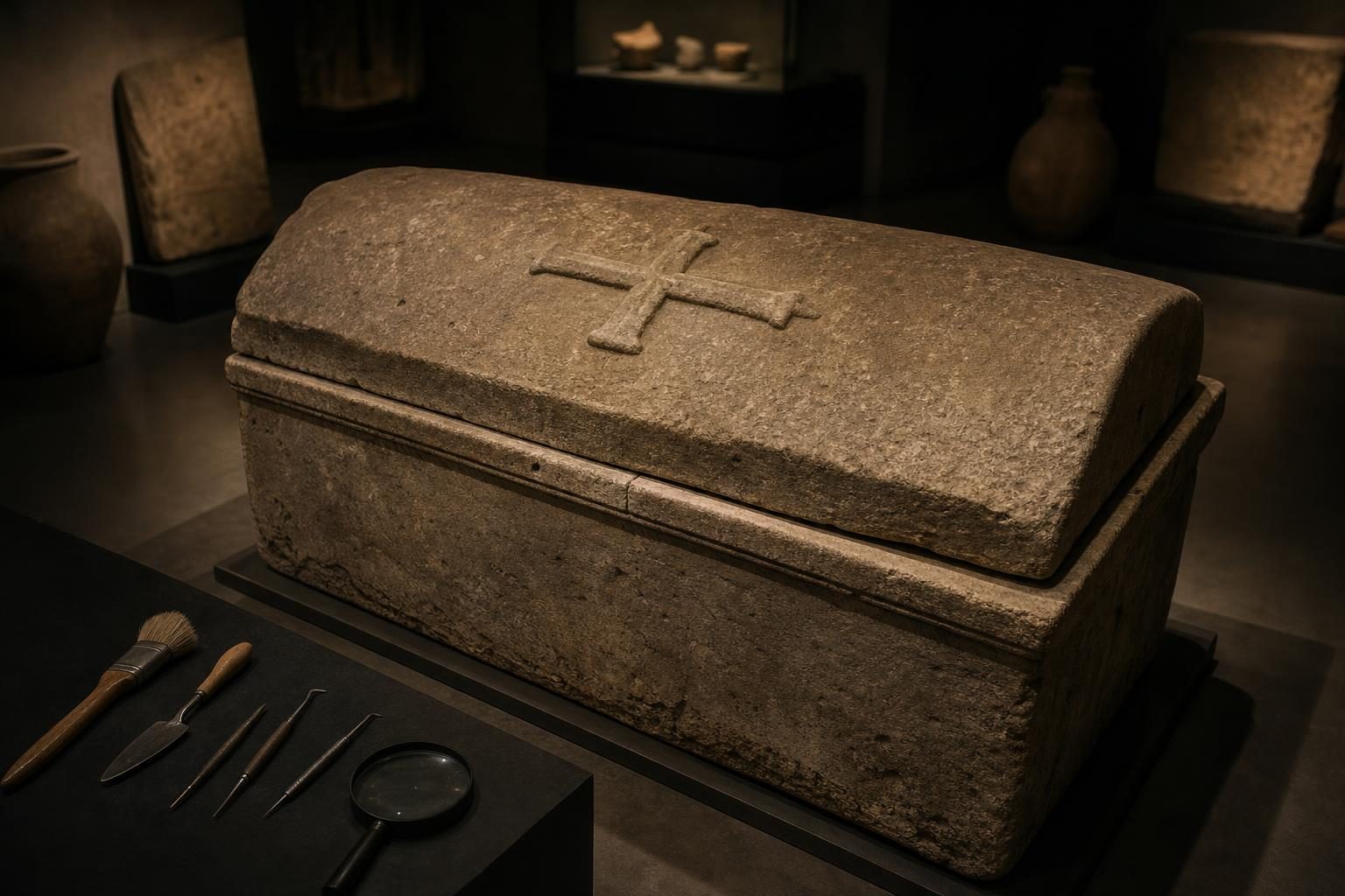 Un antiguo ataúd de piedra con una cruz tallada está bajo luces de museo junto a herramientas de arqueología.