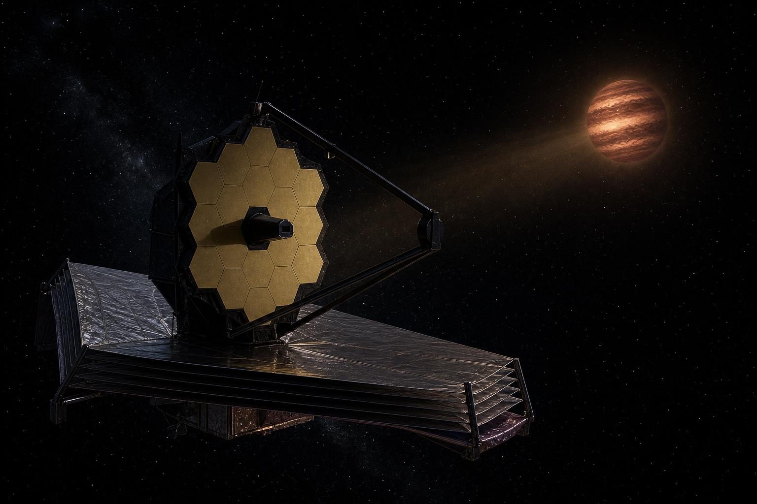 Un telescopio espacial observa una enana marrón distante y nublada, con bandas tenues de luz que conectan a los dos.