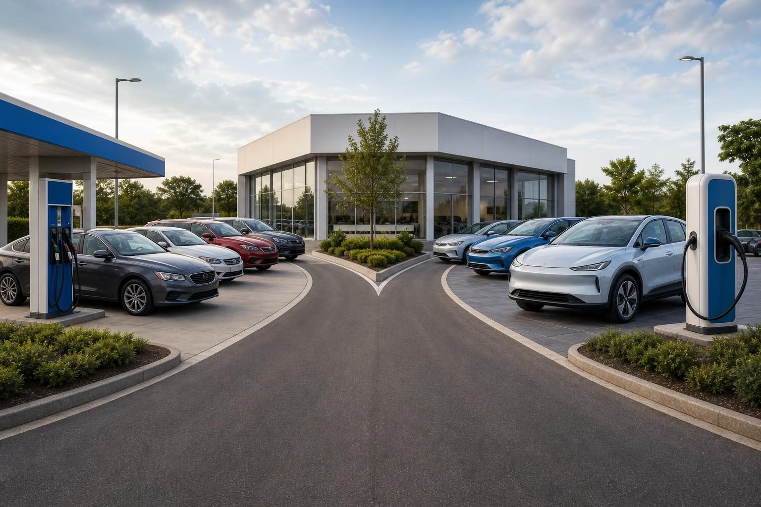 An illustrated car lot splits toward gasoline vehicles on one side and an electric vehicle charger on the other.