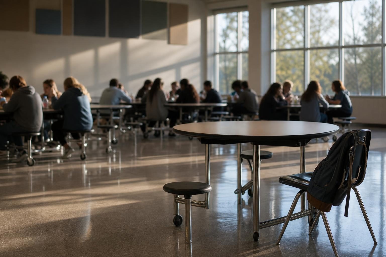 Una sola mochila descansa sobre una mesa vacía de cafetería, apartada de las demás mesas en el comedor de una escuela.