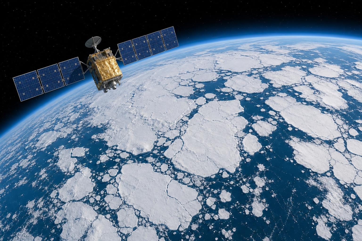 A satellite observes floating Arctic sea ice with open ocean water showing between the ice.