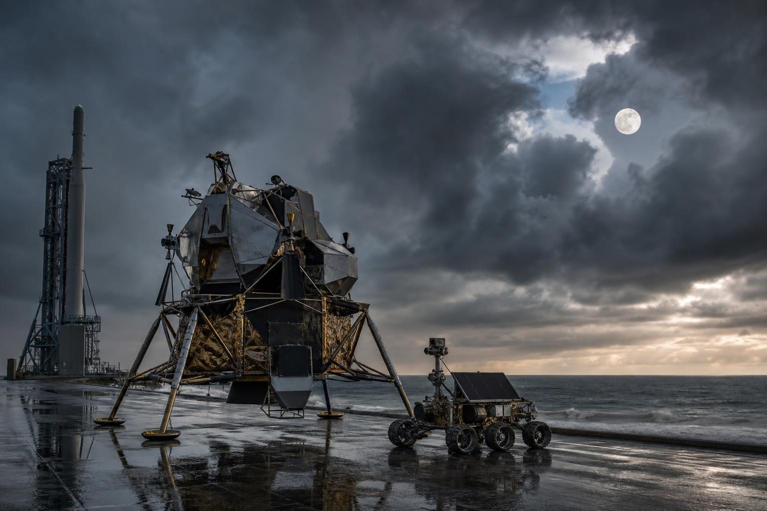 Una misión robótica a la Luna espera en una plataforma de lanzamiento tormentosa con la Luna visible a lo lejos.