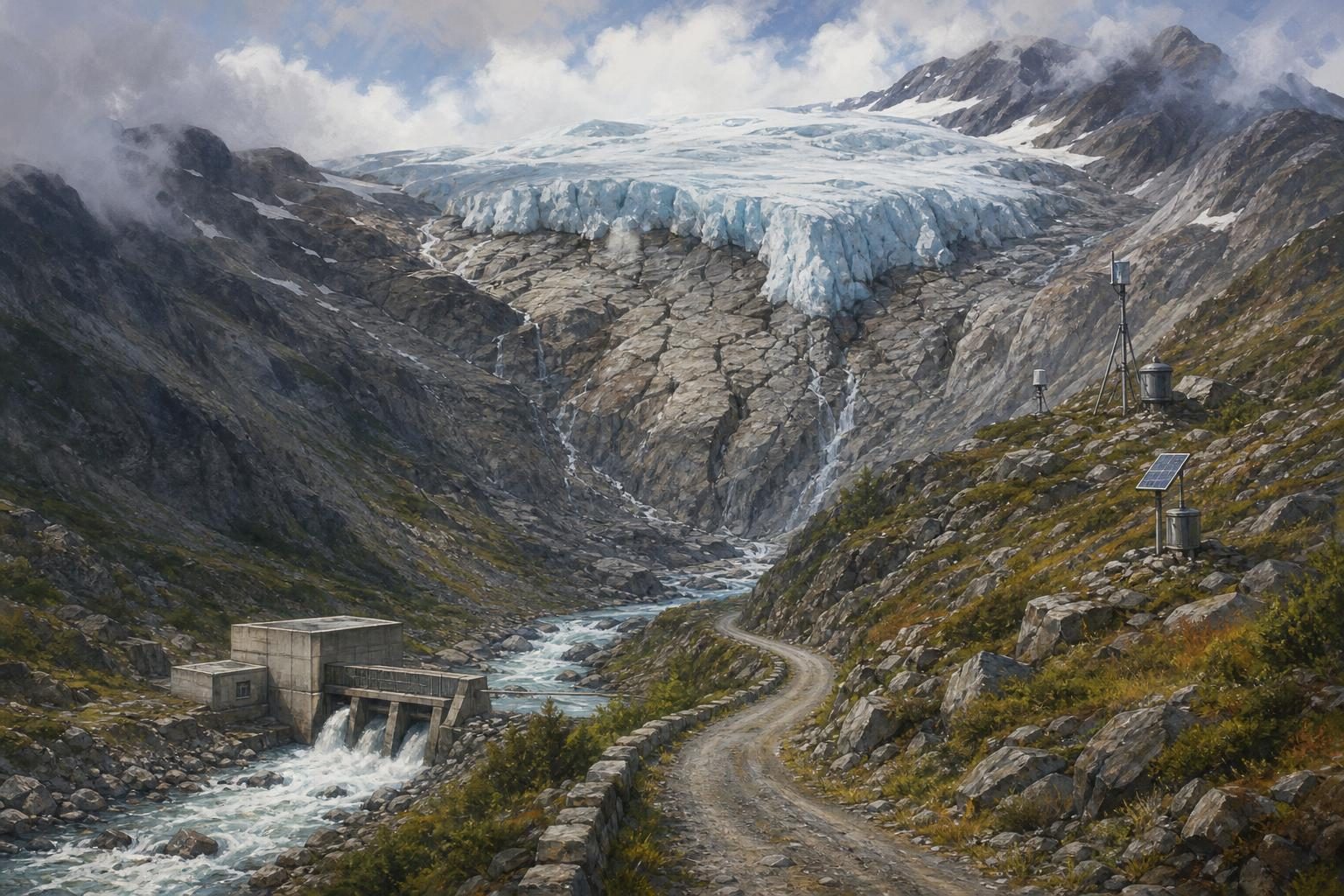 A mountain valley with infrastructure below a retreating glacier and cracked rock slope, with monitoring equipment in place.