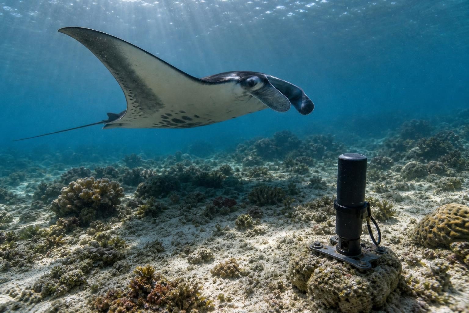 A young manta ray swims above a shallow reef near an underwater tracking receiver.