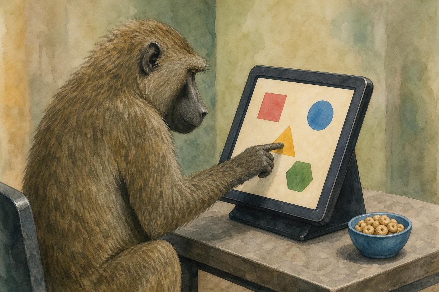 A baboon looks at a screen showing simple shapes for a matching game.