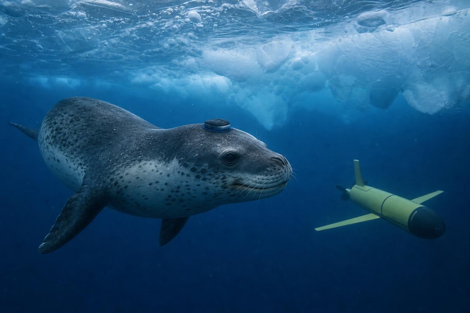 Una foca con un sensor pequeño nada bajo el agua cerca de un planeador robot en el Océano Austral.