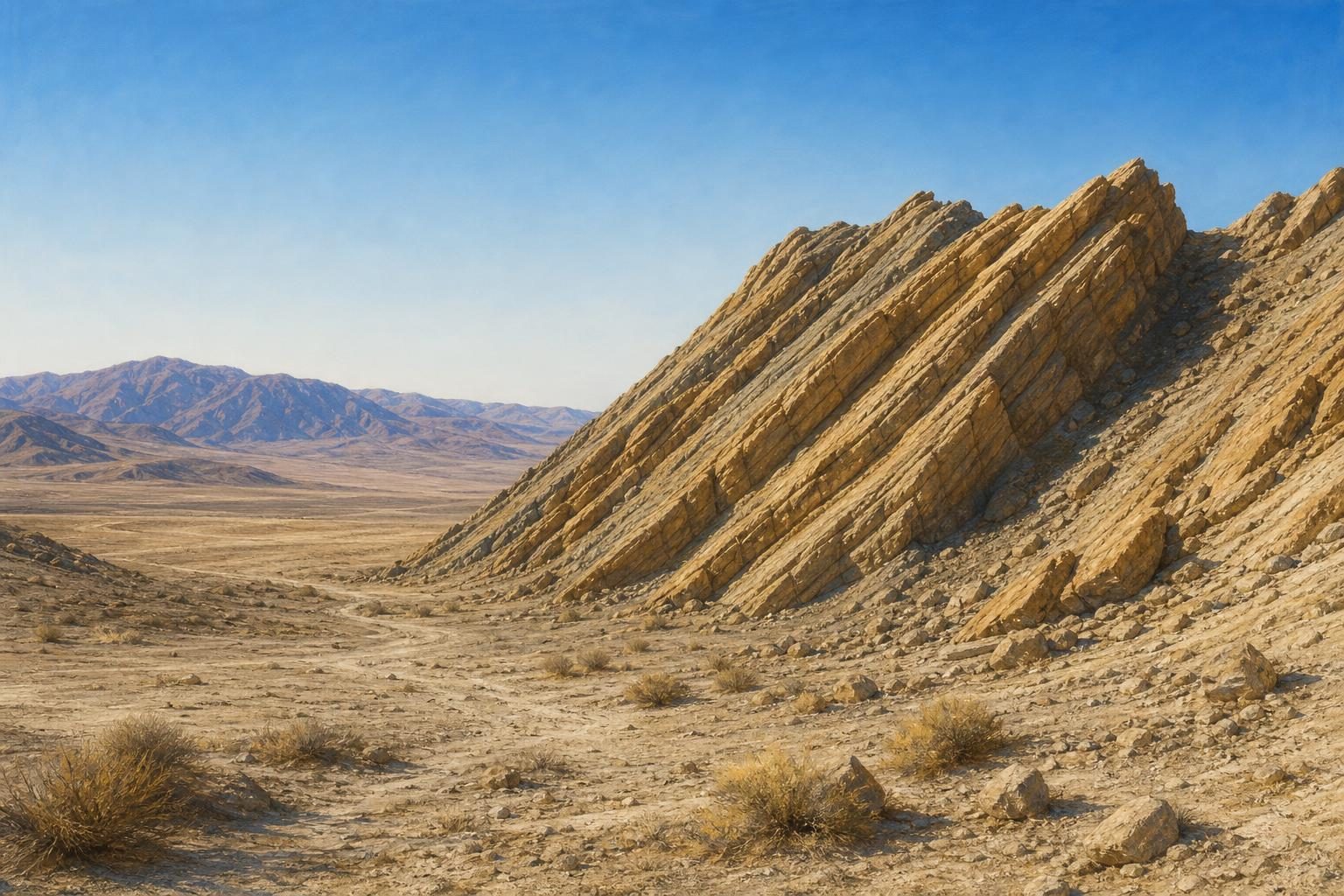 Crestas de roca inclinadas se elevan desde un paisaje seco del sur de California bajo un cielo despejado.