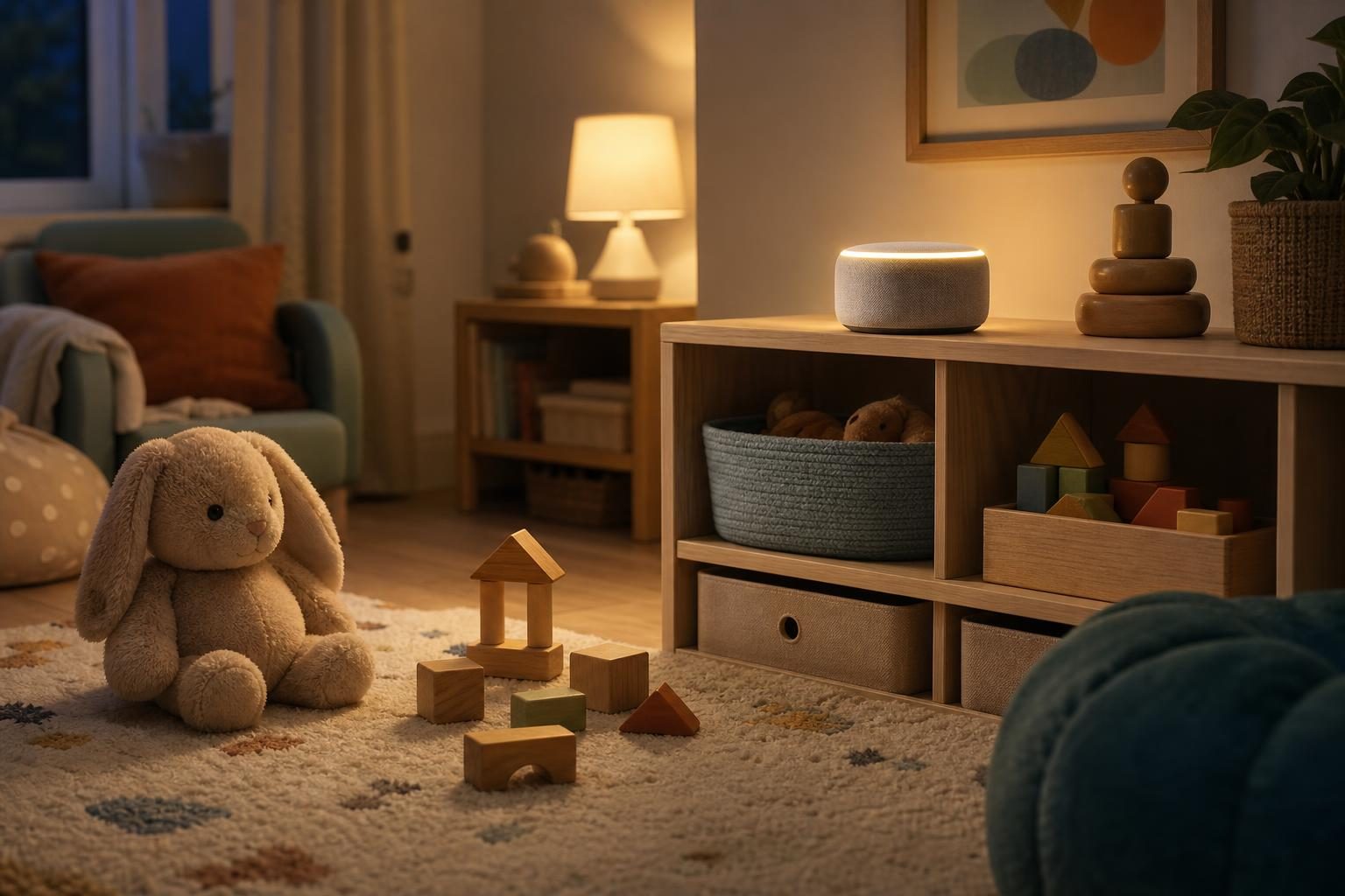 Un altavoz inteligente está junto a juguetes comunes en el área de juego de un niño, lo que sugiere una elección entre la imaginación y el juego con inteligencia artificial.