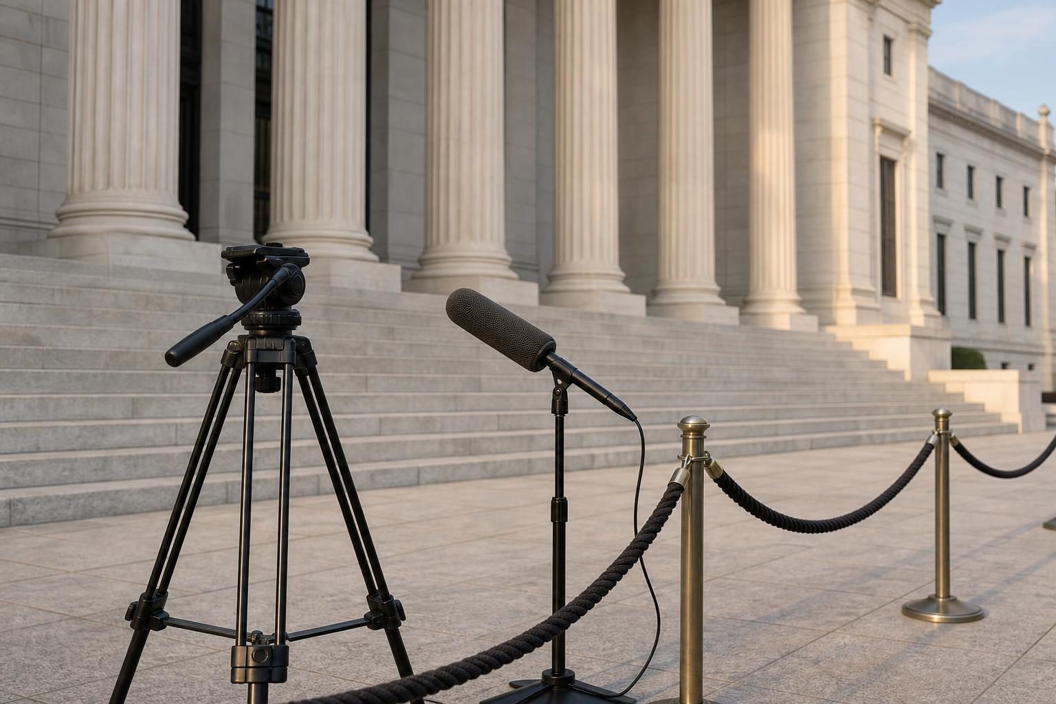 An empty news camera setup stands outside a government building, suggesting missing press coverage.