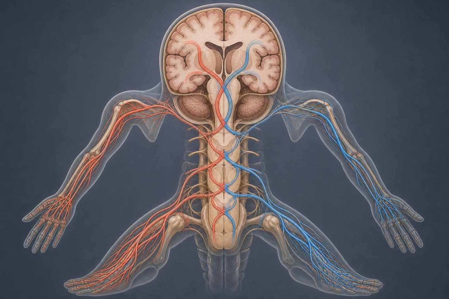 Una ilustración muestra vías nerviosas que cruzan desde cada lado del cerebro hacia el lado opuesto del cuerpo.