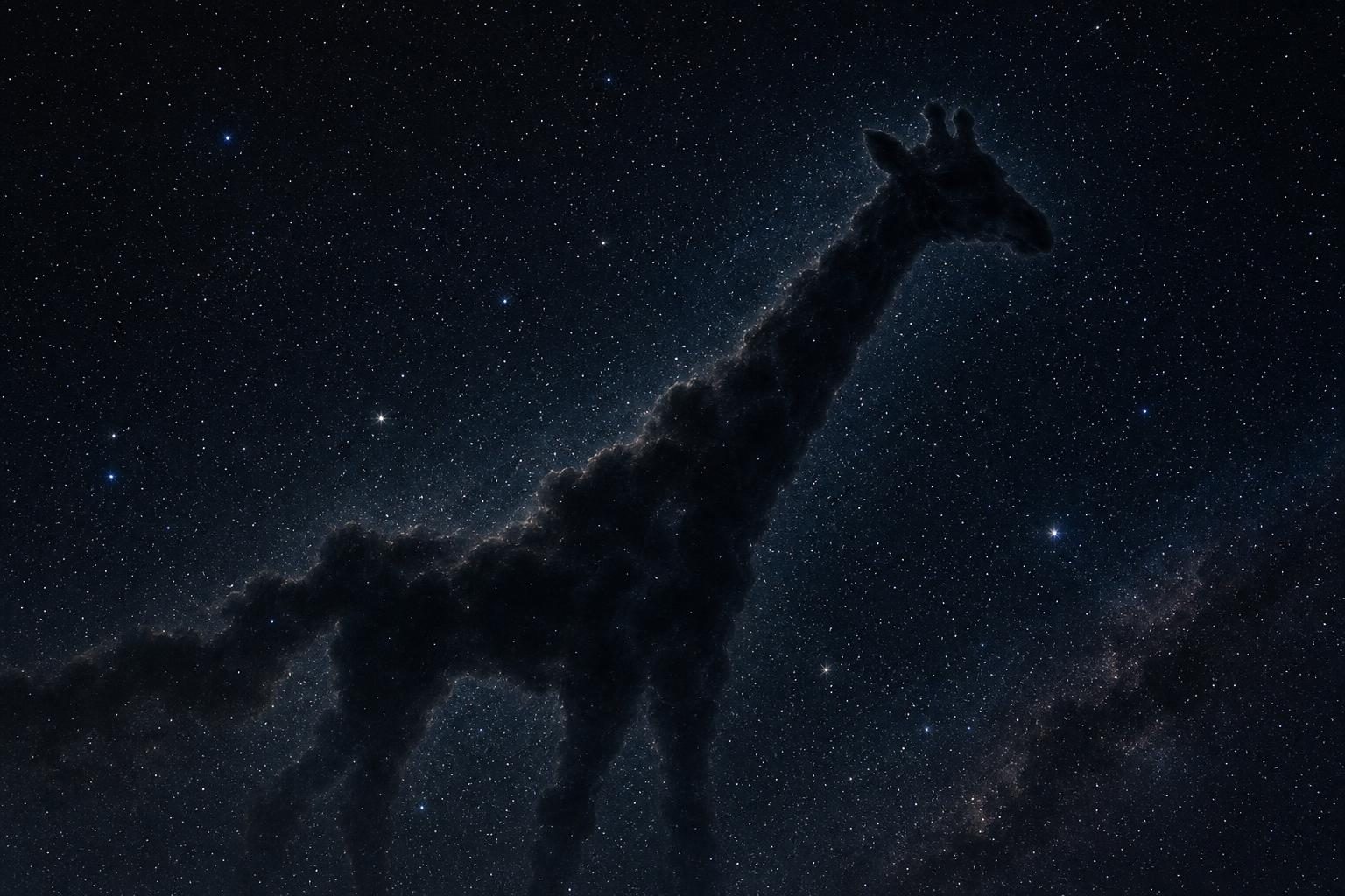 A dark cloud of space dust looks like a tall giraffe against a bright starry background.