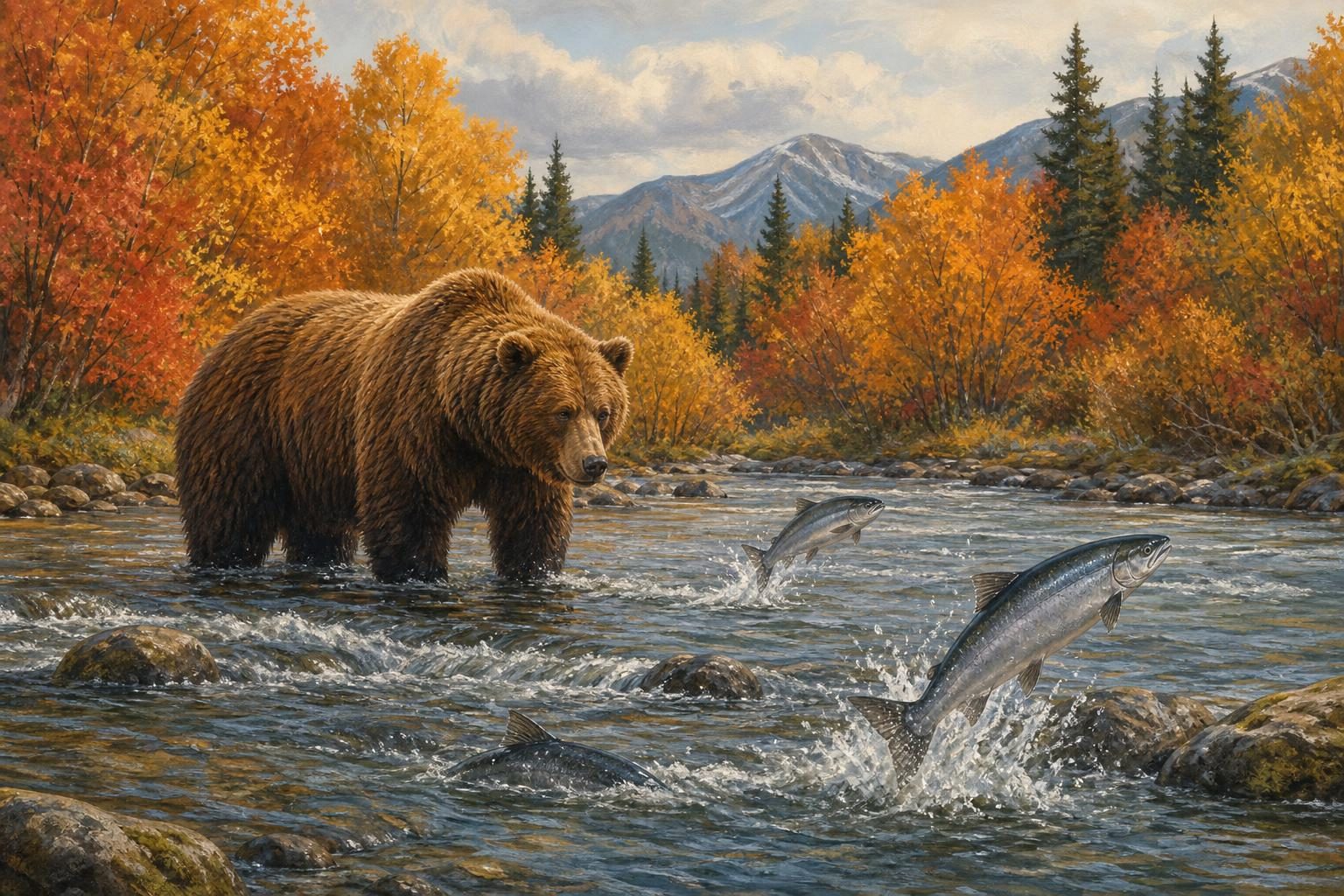 Un gran oso pardo está de pie en un río mientras salmones saltan a su alrededor en un bosque de otoño.