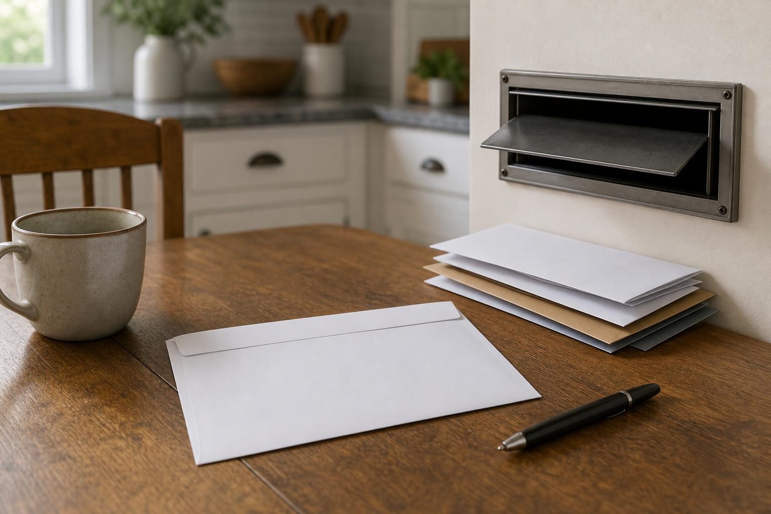 Un sobre de boleta en blanco y un bolígrafo están sobre una mesa junto a correo saliente, lo que sugiere la votación por correo.