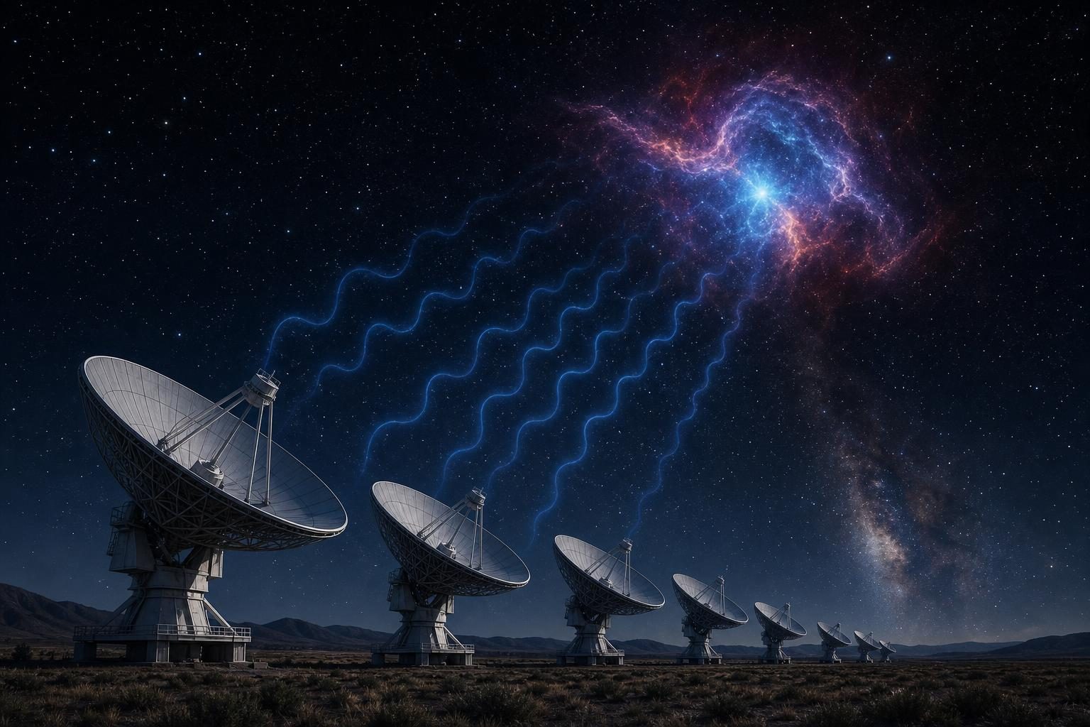 Un conjunto de radiotelescopios apunta al cielo nocturno mientras ondas débiles sugieren señales de gas de hidrógeno distante.