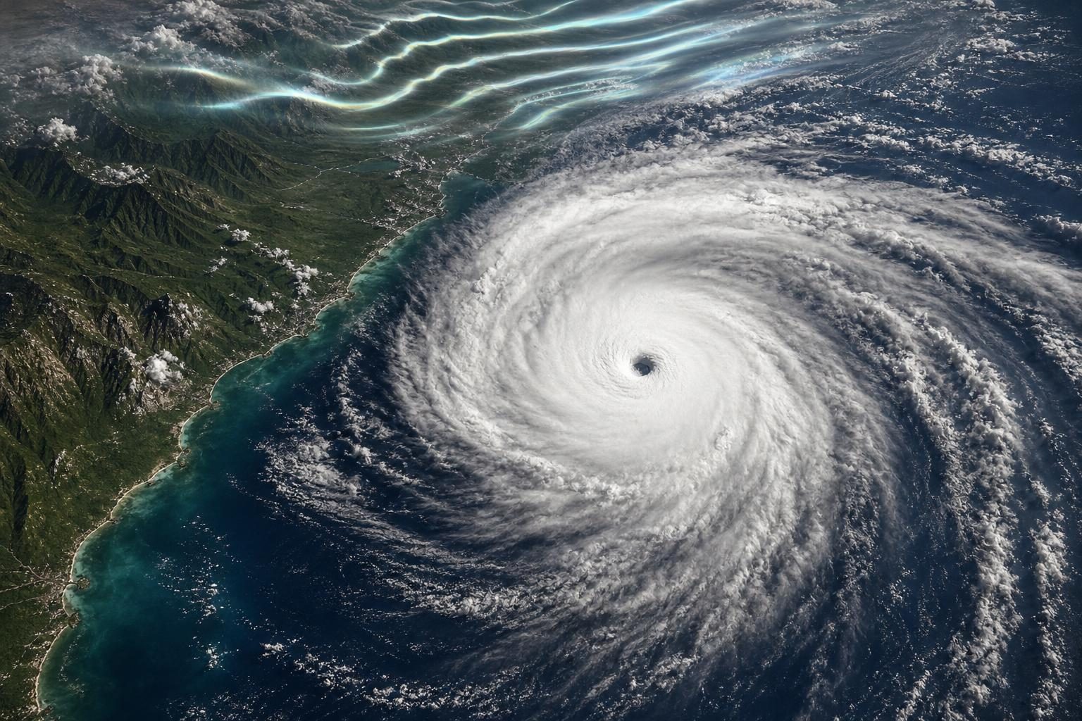 A large hurricane swirls just offshore while faint ripples appear in the upper atmosphere above it.