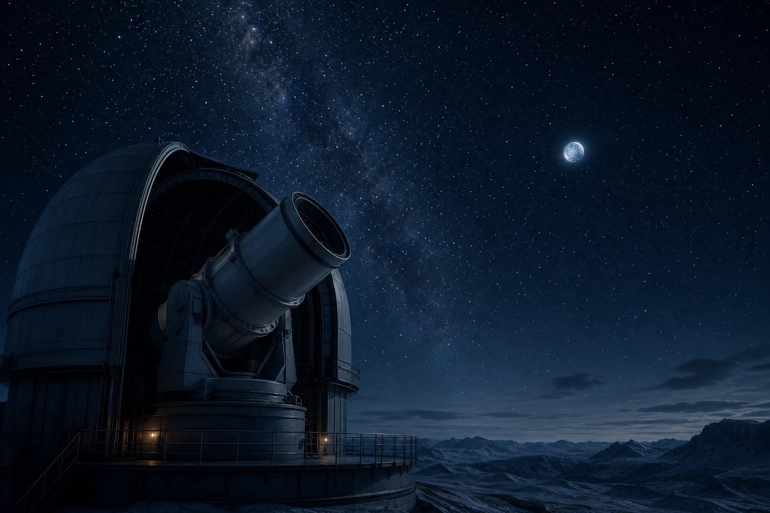 Un telescopio apunta hacia un objeto helado y tenue en un cielo nocturno lleno de estrellas.