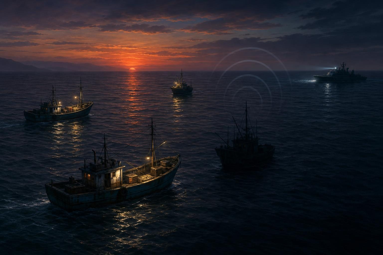Fishing boats move across a darkening ocean as one vessel’s tracking signal fades and a patrol boat watches nearby.
