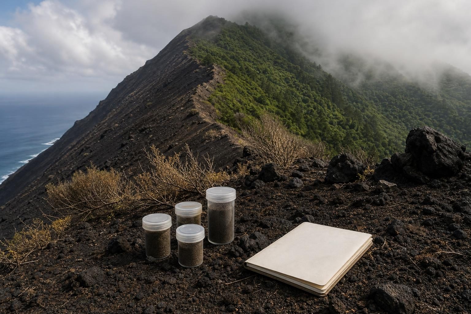 A volcanic island landscape shifts from dry rock to misty green forest, with soil sampling tools in the foreground.