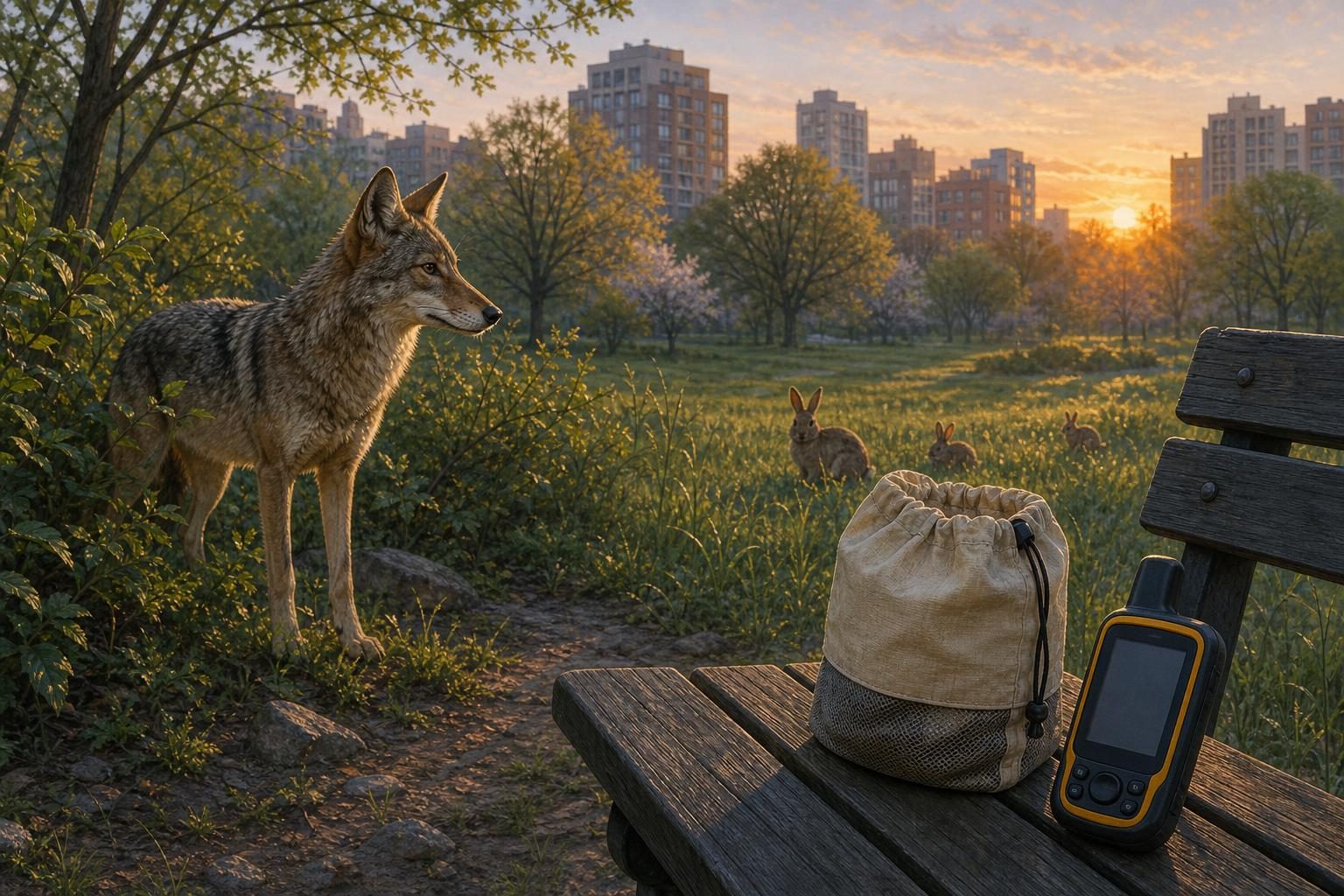 A coyote stands in an urban park at dawn near rabbits, with city buildings and field research tools nearby.