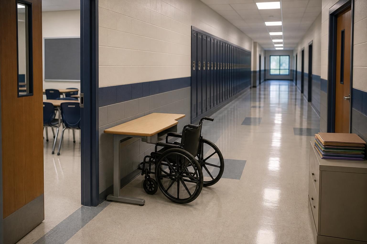 Un pasillo escolar vacío muestra equipo de accesibilidad y carpetas afuera de la puerta cerrada de una oficina.