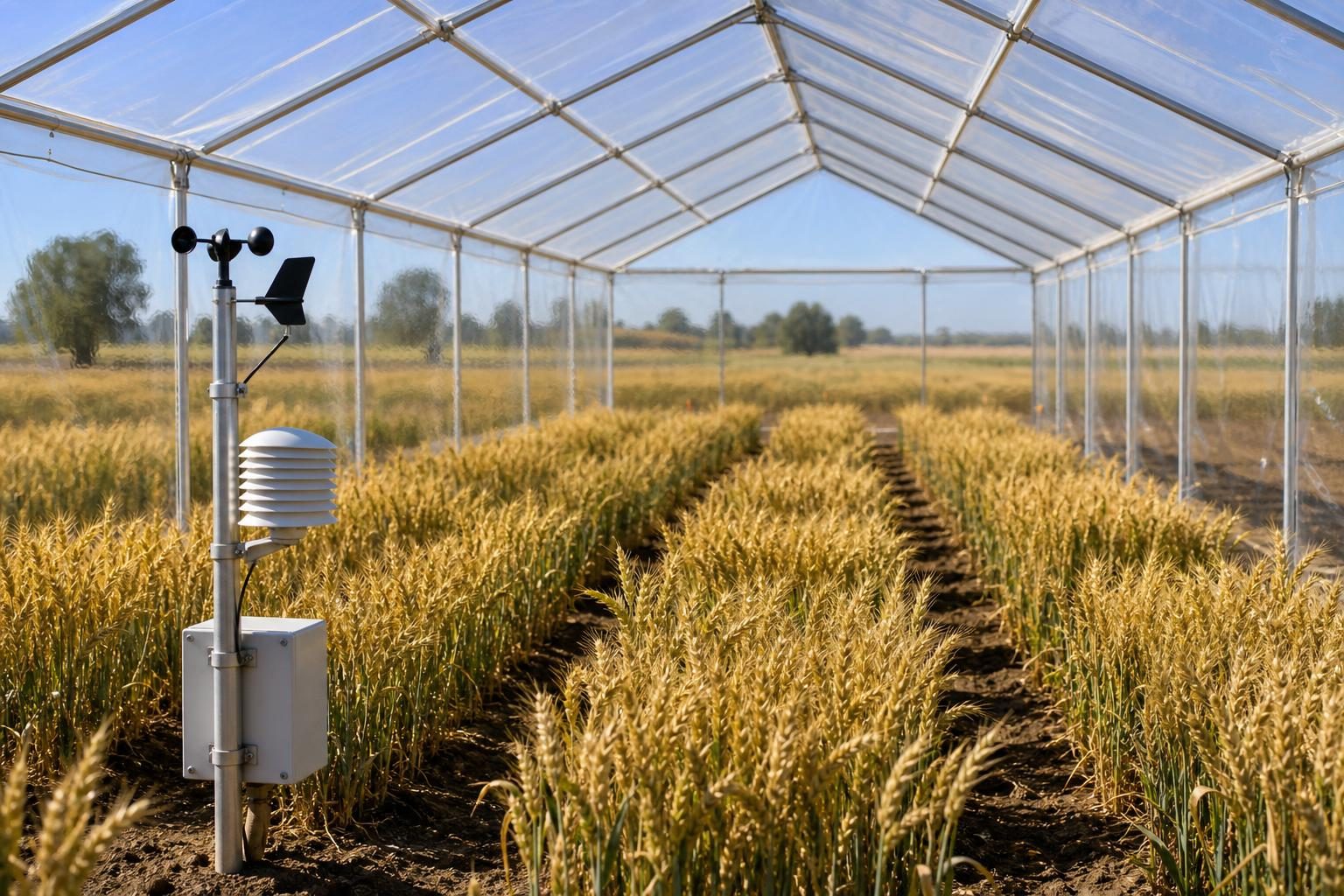 Filas de trigo crecen bajo una carpa transparente en un campo junto a un sensor meteorológico, lo que sugiere un experimento de cultivos durante una ola de calor.